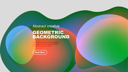 Abstract geometric background features vibrant overlapping shapes, text, button. Modern design, colorful gradients create dynamic visual effect.