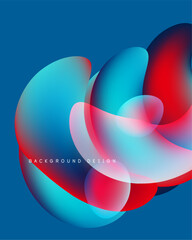 Abstract fluid shapes overlap, creating vibrant color gradients. Blue, red, white blend seamlessly on deep blue background. Modern design.