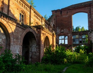 Ruined brick building in sunlit overgrown courtyard