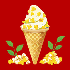 A classic waffle cone holding a generous scoop of ice cream with pieces of corn - Vector Illustration

