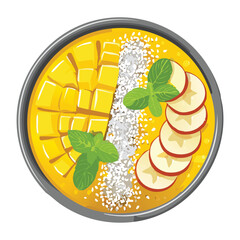 A delicious, tropical mango dessert served in a bowl with sliced banana and fresh mint leaves - Vector Illustration

