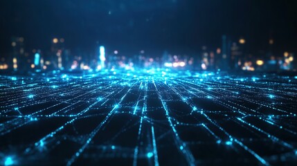 Obraz premium Cyber city at night with luminous network connections