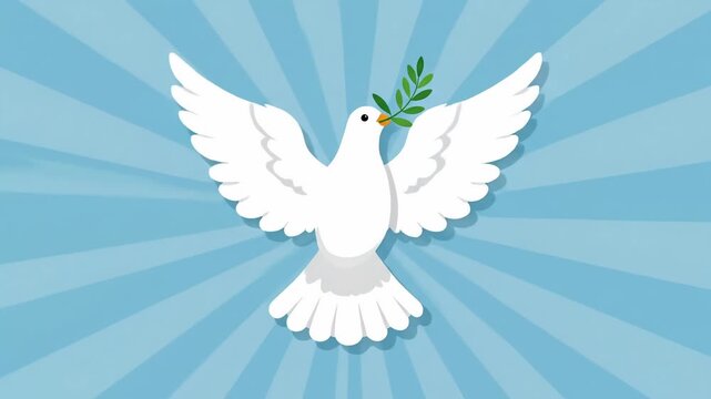 Flat White Dove with Olive Branch on Minimal Blue Background