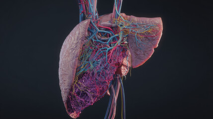 cross-section liver showing circulatory system connections high detail anatomy reference illustration concept scene visual for commercial design use high detail quality stock image illustration concep