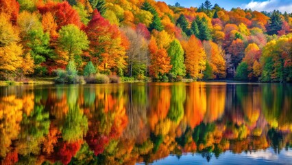 Fall forest scenery with trees reflected in lake's calm surface