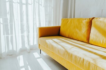 Bright and Cozy Living Room with Yellow Sofa and Sheer White Curtains Illuminated by Sunlight