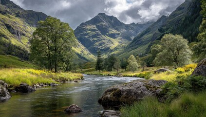 Serene mountain stream valley, lush greenery, dramatic sky