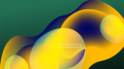 Abstract fluid shapes overlap, creating vibrant color gradients. Yellows, blues, greens blend into dark background. Modern design element.