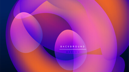 Abstract fluid shapes overlap, creating vibrant gradients. Purple, orange, blue hues blend against dark backdrop. Modern design element.