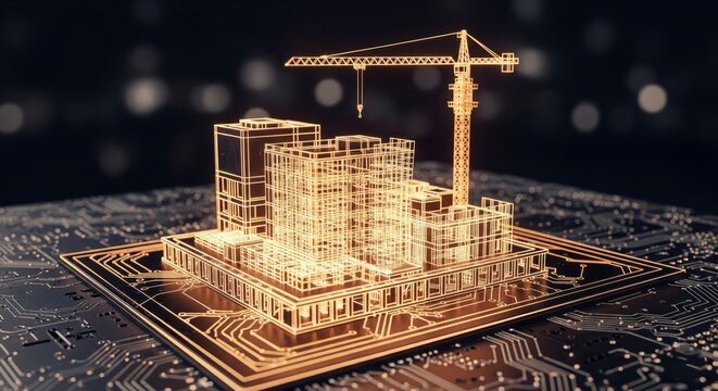 Building Information Modeling (BIM) concept. A glowing hologram of a building under construction on a CPU, symbolizing smart construction and digital architecture.

