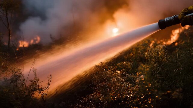 A fire hydrant is actively spraying water onto a fire, with the water coming out in a spray pattern. Close up firefighter hose spraying water into raging wildfire, Turkey wildfires dramatic editorial 