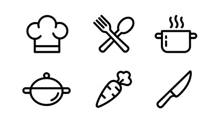 Cooking icons illustration set chef hat fork spoon pot knife carrot food kitchen