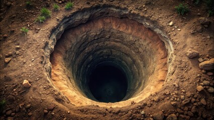 Dark earth with a circular hole created by an animal digger