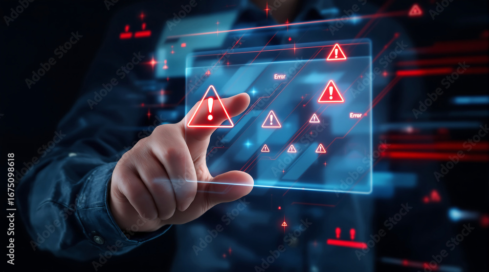 Poster cyber security error warning alert system with hand touching virtual screen technology