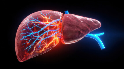 cross-section liver showing circulatory system connections high detail anatomy reference illustration concept scene visual for commercial design use high detail quality stock image illustration concep