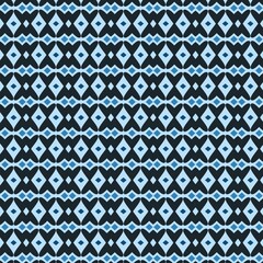 This seamless geometric pattern features a modern grid of abstract ethnic flower and diamond motifs, creating a clean, elegant design in a monochromatic blue palette