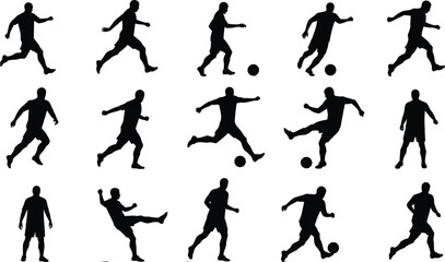 Soccer player silhouettes collection, football action vector set, athlete kicking ball design, sports training illustration, game activity icons, black motion shapes
