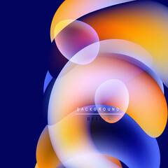 Abstract fluid shapes overlap, creating vibrant color gradients. Blue, orange, yellow hues dominate design. Modern aesthetic.