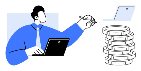 Person using a laptop and writing, stack of coins highlights themes of investment, growth, finance, business, economy, saving, strategy. Ideal for planning analysis and simple flat metaphor