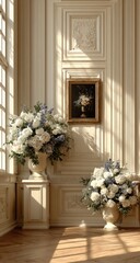 Fototapeta premium Sunlight streams into a grand room, highlighting floral arrangements in ornate urns