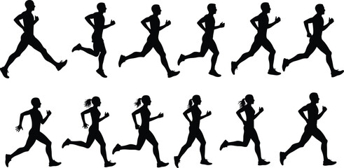 Running silhouettes collection, jogging people vector set, fitness training design, workout exercise icons, athlete motion illustration, sports activity lifestyle shapes