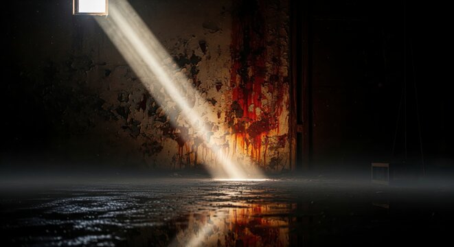 A mysterious figure in a flowing red dress dances in a beam of light inside a dark, abandoned warehouse. A cinematic concept of hope, freedom, and expression.