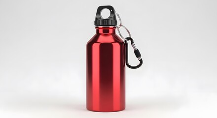 Fototapeta premium Shiny Red Water Bottle with Carabiner Clip, Isolated