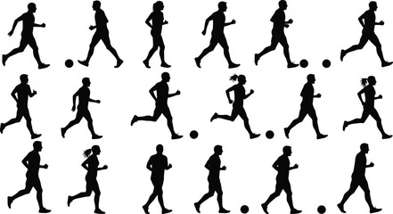 Running silhouette people collection, jogging runners silhouettes, fitness training vector set, exercise workout poses, black athlete icons, sports activity design illustration