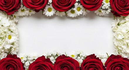 Floral border frame red roses white daisies