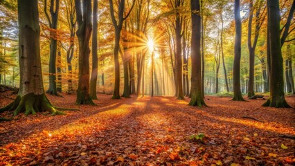 Forest floor covered in fallen leaves under the canopy of beech trees with sunlight filtering through