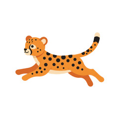 Fototapeta premium A cute cartoon cheetah cub with black spots running in a dynamic and playful leaping pose.