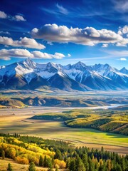 A sweeping landscape of a mountain range with snow-capped peaks