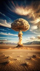 Desert landscape with mushroom cloud after nuclear explosion