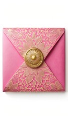 A luxurious pink envelope with a gold foil seal featuring intricate patterns and designs