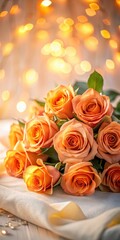 Beautiful orange rose bouquet on a white tablecloth with soft focus and warm lighting