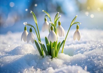 Gentle snowdrops push through the powdery white blanket of freshly fallen snow in a serene winter landscape