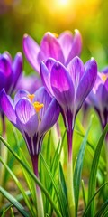 Close-up of vibrant purple crocus flowers swaying gently in the breeze amidst lush green foliage with a subtle hint of yellow petals