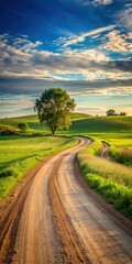 A serene rural landscape with a winding dirt road