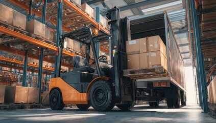 Forklift loading truck in warehouse