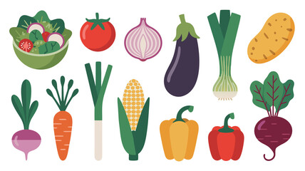 Isolated on white background, a variety of fresh vegetables including tomatoes, onions, eggplants, leeks, potatoes, beets, corn, peppers, radishes, and carrots