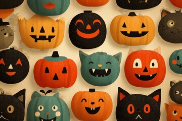 Colorful Halloween decorations featuring various whimsical pumpkin faces and cute cat designs.