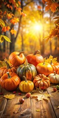 Vibrant orange pumpkins with gourds and squash surrounded by fallen leaves on a wooden table amidst the warm sunlight filtering through the trees