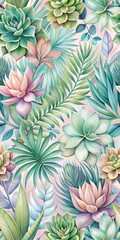 Colorful tropical leaves in a playful seamless pattern featuring soft pastel shades and organic shapes