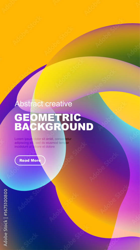 Poster vibrant abstract shapes overlap black background. text promotes content, button invites interaction.