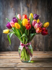 Colorful tulips arranged in a vase with greenery and ribbons