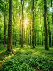 Dense foliage of emerald green leaves covering a serene forest floor surrounded by towering trees and sunlit undergrowth