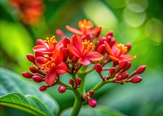 Detailled close-up of Jatropha podagrica flower on a blurred green background with intricate details and vibrant colors