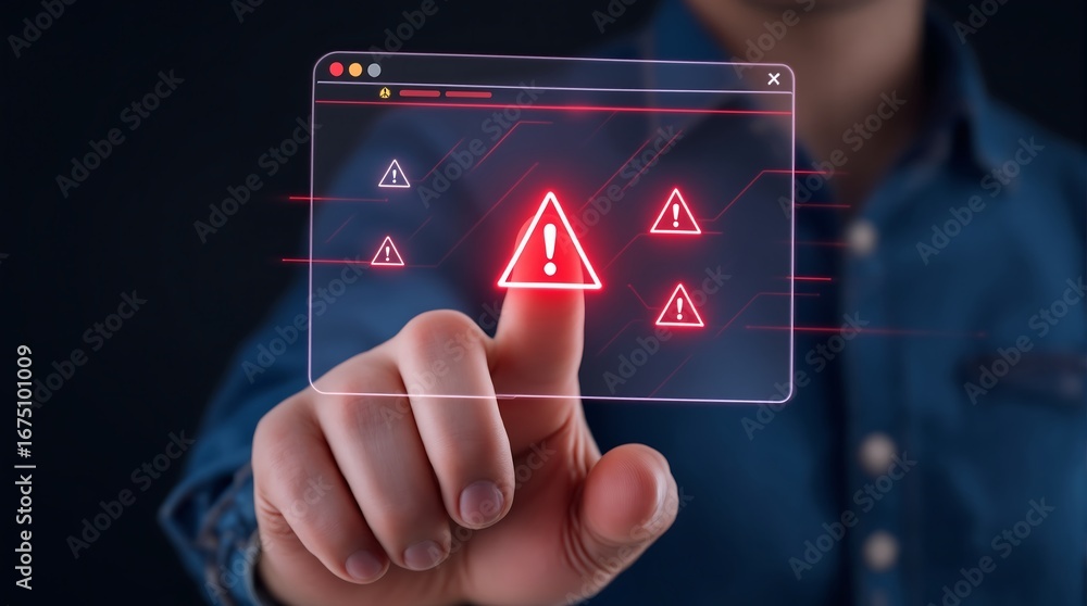 Poster cybersecurity threat detection system concept with warning alert and data breach analysis