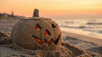 Close Up of Sandcastle Shaped Like Halloween Pumpkin Jack O Lantern on Beach Shore