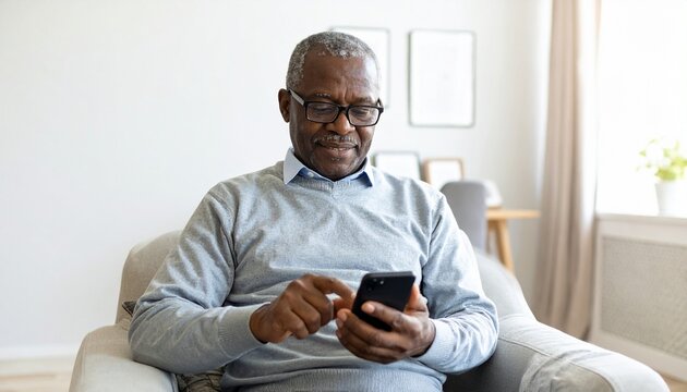 Senior African American man using a smartphone while sitting in an armchair at home.